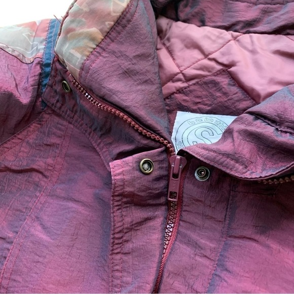 Vtg Be in the Current Seen Patchwork Snap Puffer Coat Jacket Burgundy Size Large - Picture 6 of 9